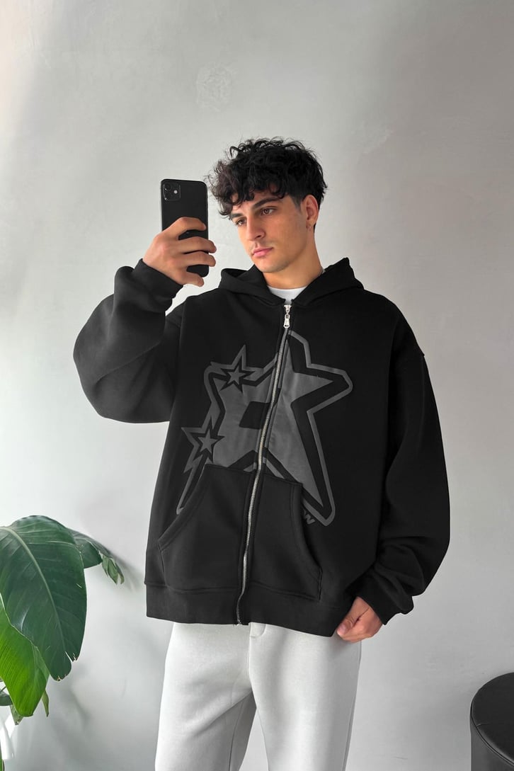 Baskılı Oversize Zip Hoodie