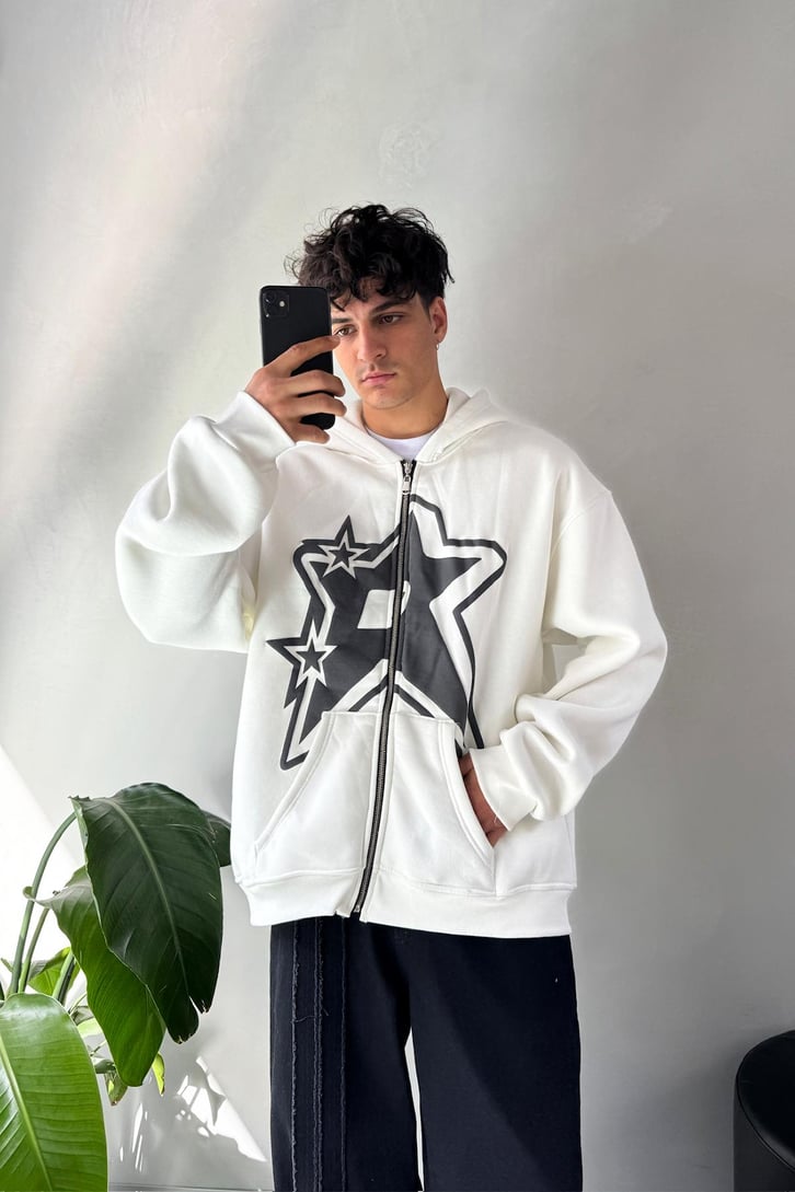 Baskılı Oversize Zip Hoodie