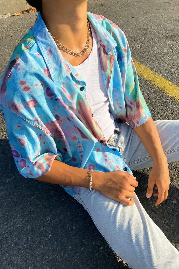 Batik Desen Oversize Kısa Kollu Gömlek