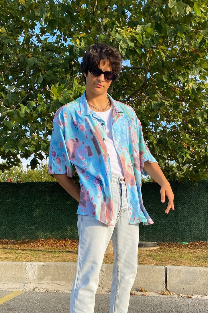 Batik Desen Oversize Kısa Kollu Gömlek