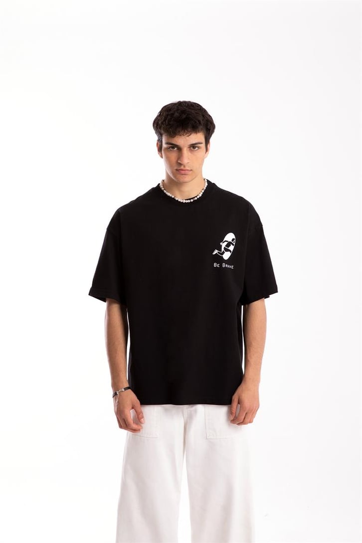 Be Brave Baskılı Siyah Oversize Tişört