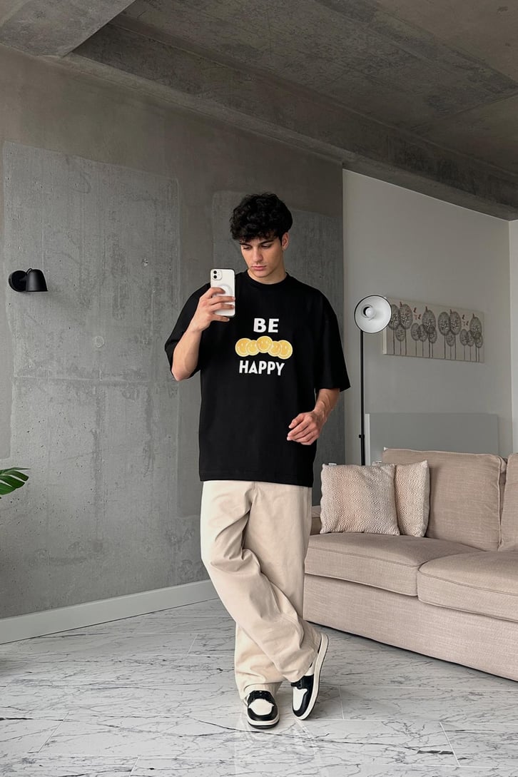 Be Happy Baskılı Beyaz Oversize Tişört