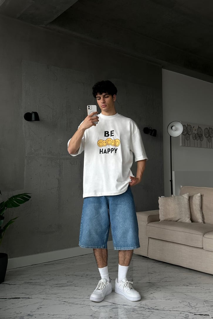 Be Happy Baskılı Beyaz Oversize Tişört