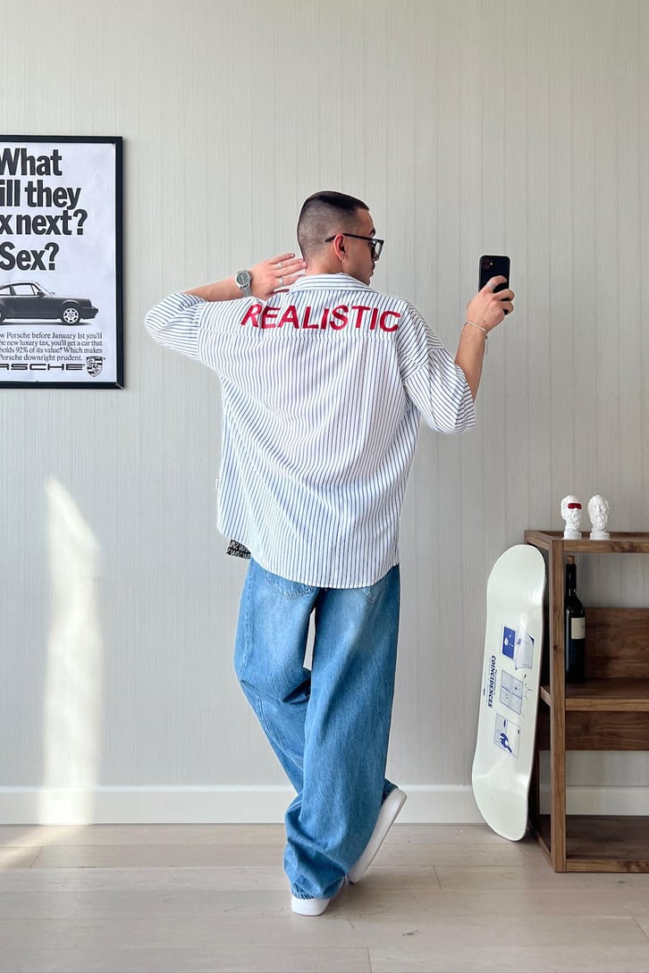 Be Realistic Baskılı Çizgili Oversize Gömlek