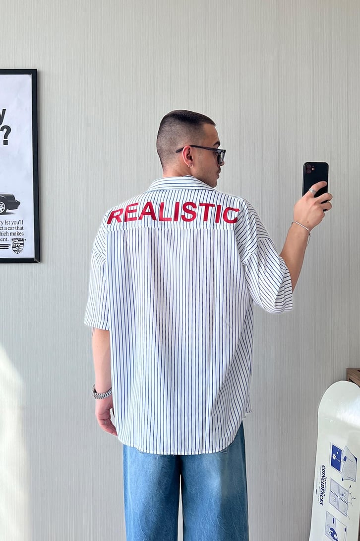 Be Realistic Baskılı Çizgili Oversize Gömlek