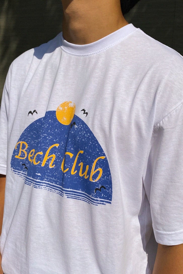 Beach Club Baskılı Beyaz Oversize Tshirt