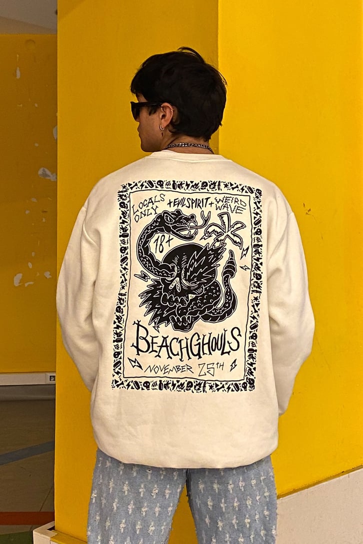 Beach Ghouls Oversize Printed Beyaz Sweatshirt
