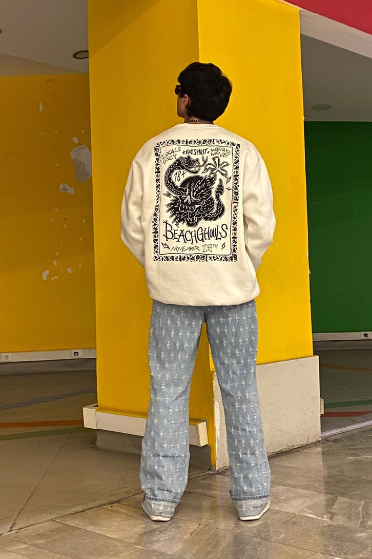 Beach Ghouls Oversize Printed Beyaz Sweatshirt
