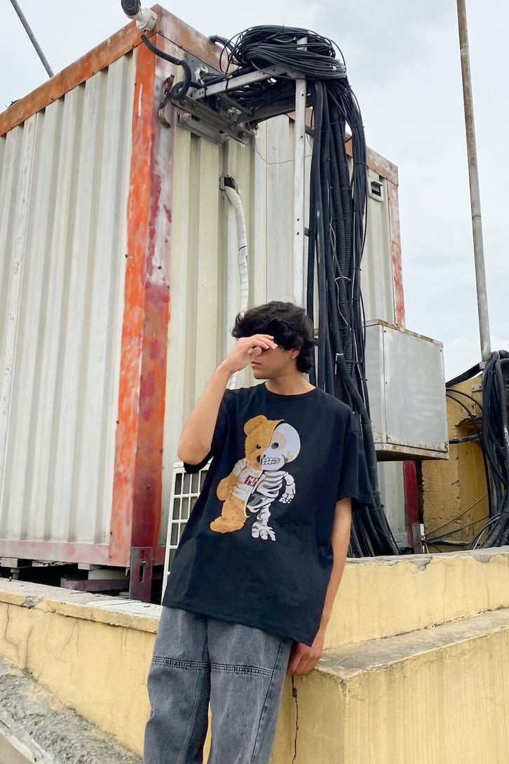 Bear Skeleton Baskılı Siyah Oversize Tshirt