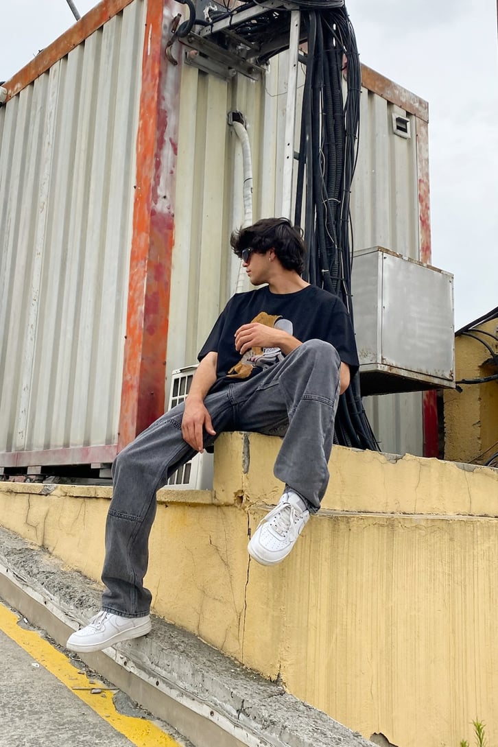 Bear Skeleton Baskılı Siyah Oversize Tshirt