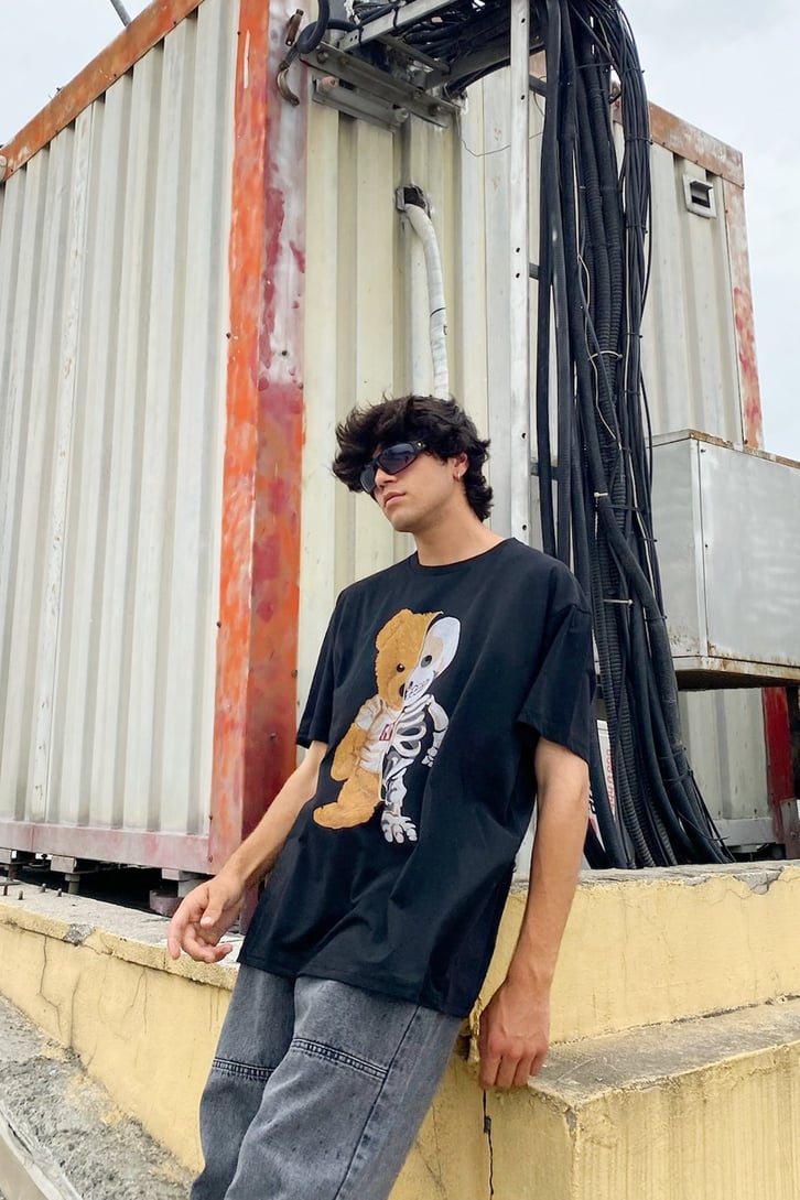 Bear Skeleton Baskılı Siyah Oversize Tshirt