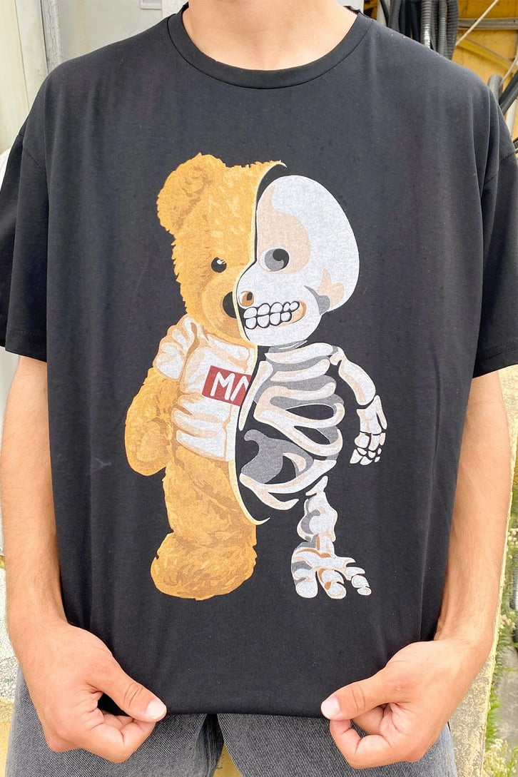 Bear Skeleton Baskılı Siyah Oversize Tshirt