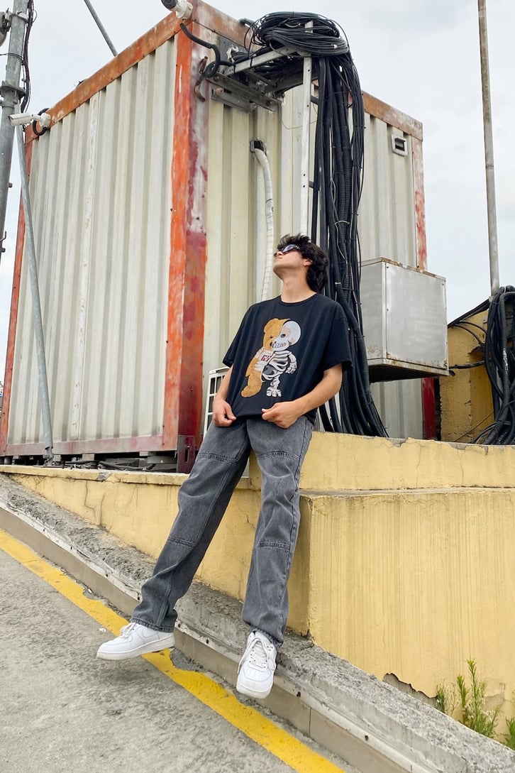Bear Skeleton Baskılı Siyah Oversize Tshirt