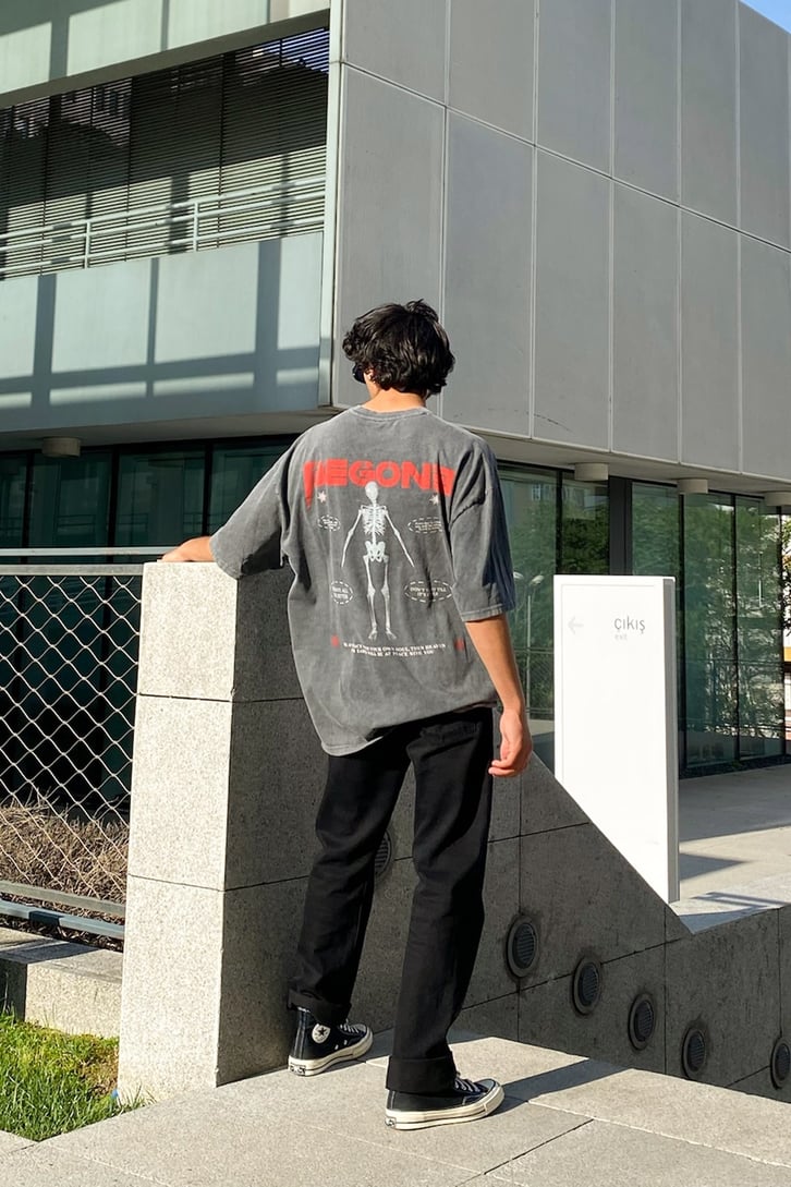 Begone Baskılı Acid Wash Oversize Tshirt