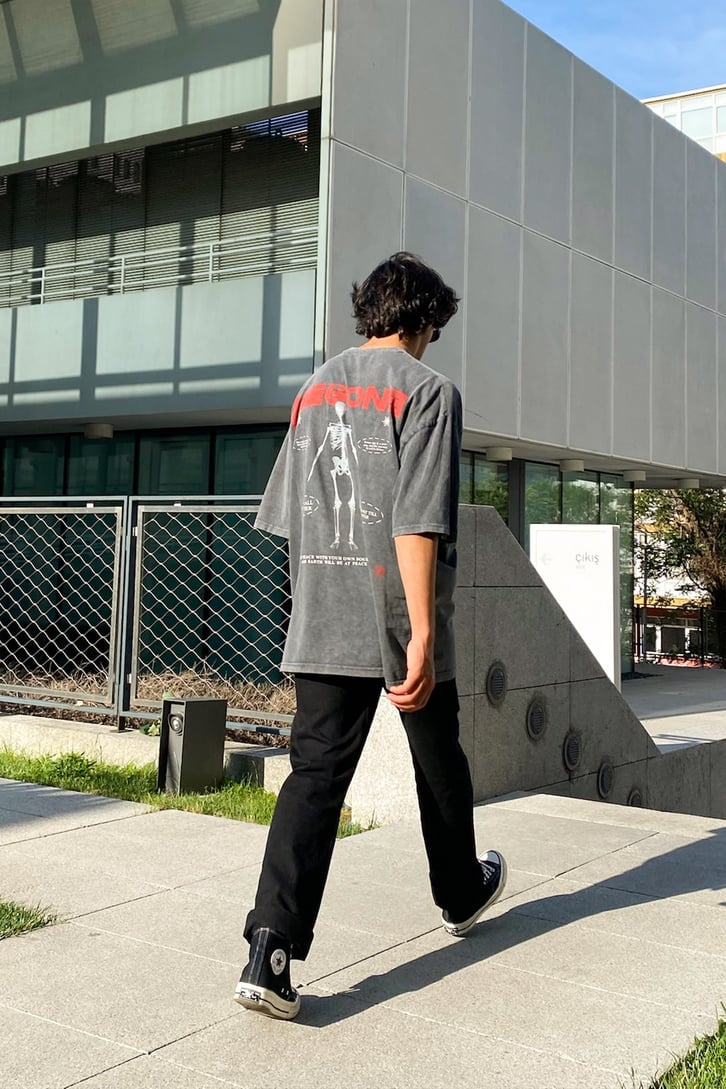 Begone Baskılı Acid Wash Oversize Tshirt