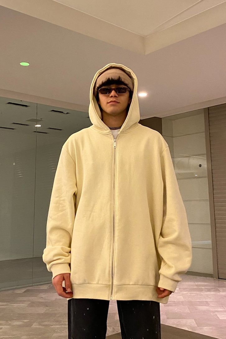 Beige Full Zip-Up Oversize Basic Hoodie