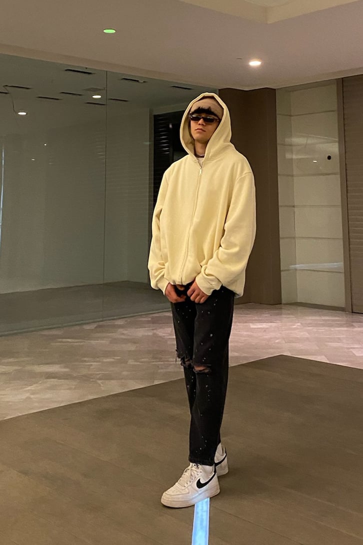 Beige Full Zip-Up Oversize Basic Hoodie
