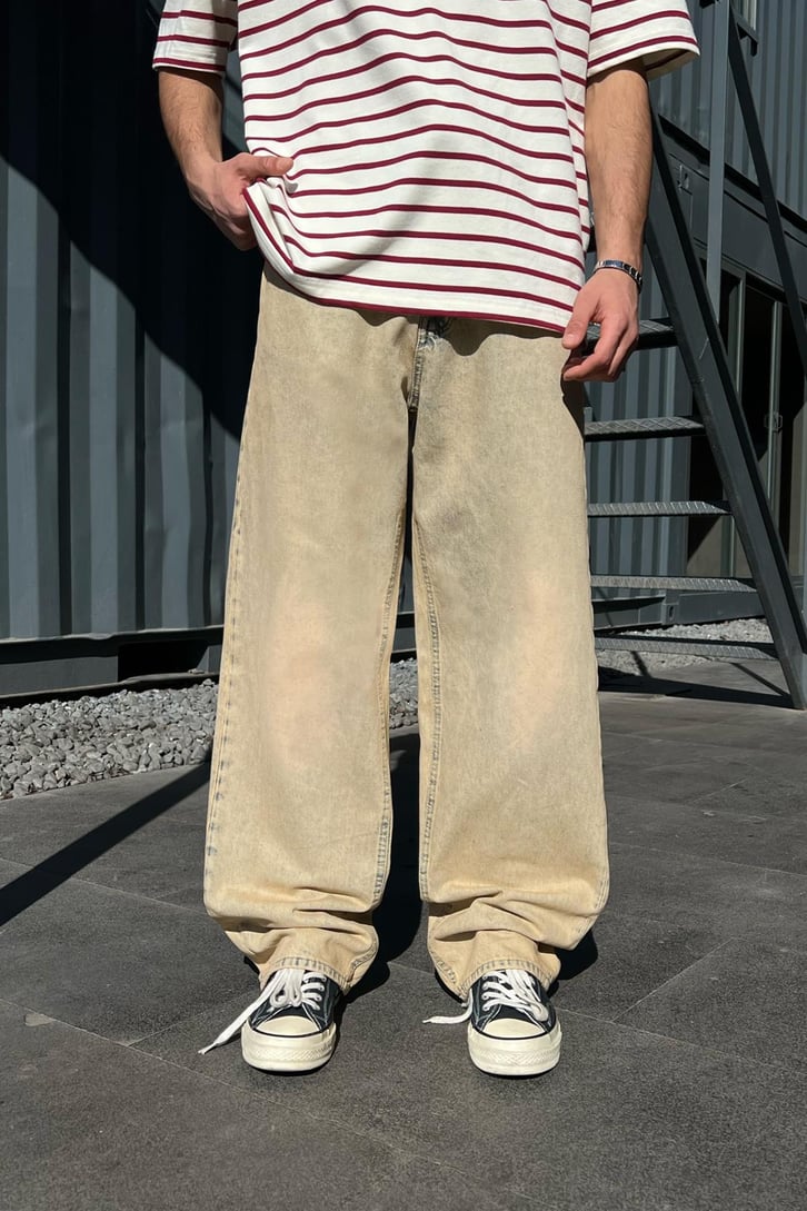 Bel Bağcıklı Yıkamalı Baggy Jean