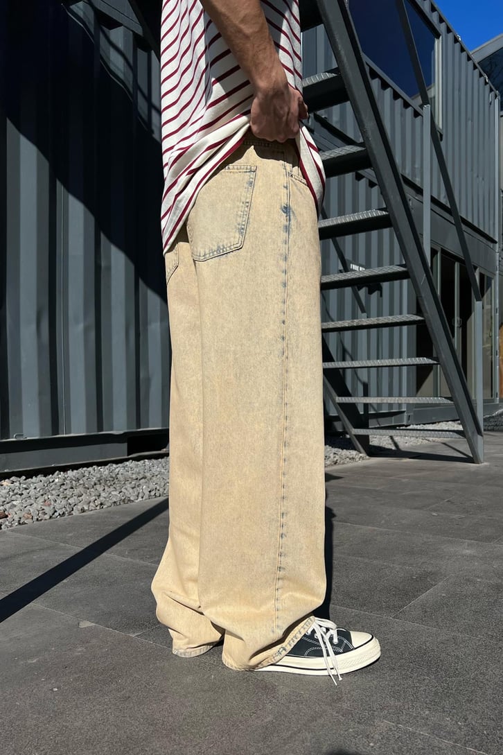 Bel Bağcıklı Yıkamalı Baggy Jean