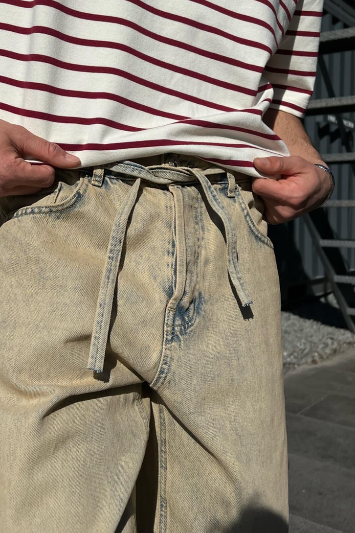 Bel Bağcıklı Yıkamalı Baggy Jean
