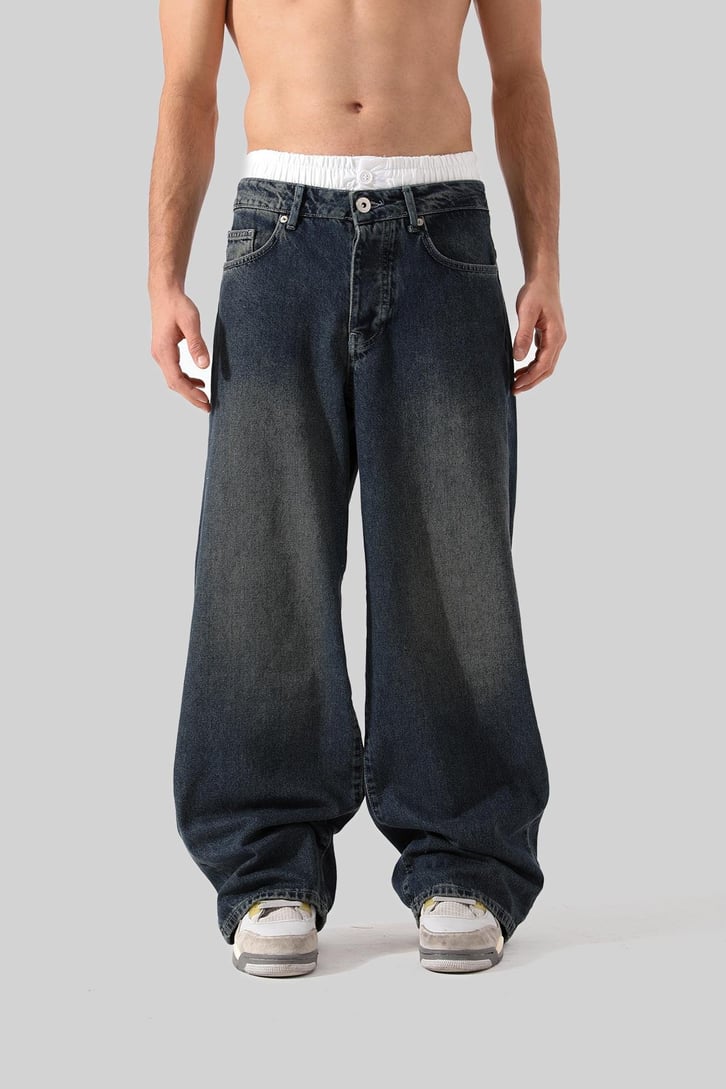 Bel Detaylı Koyu Mavi Baggy Jean