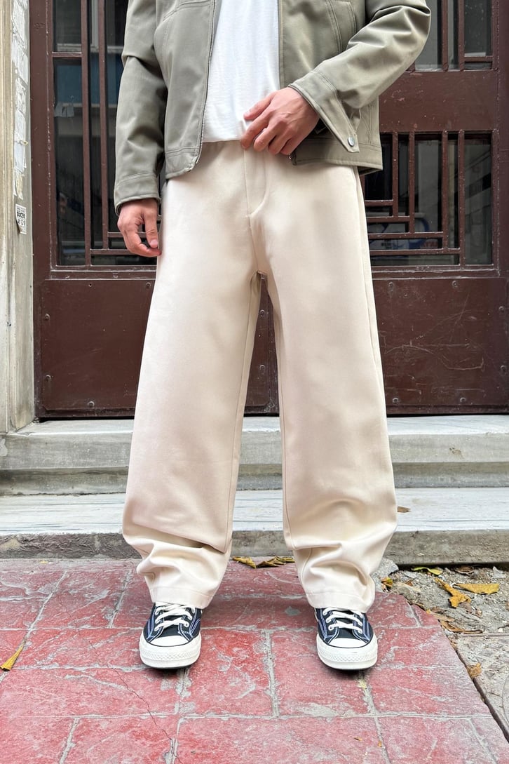 Bel Lastikli Bej Baggy Gabardin Pantolon