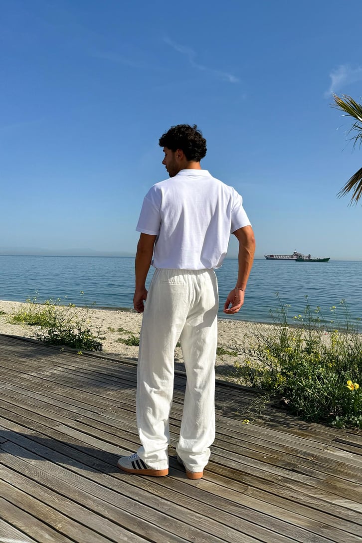 Bel Lastikli Desenli Keten Pantolon