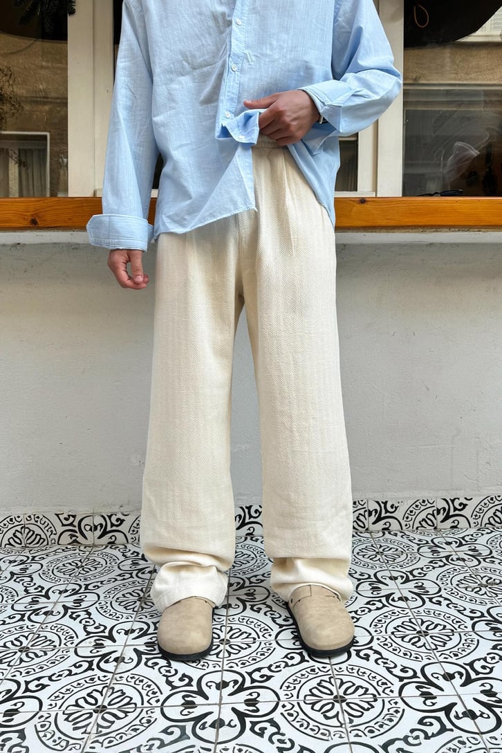 Bel Lastikli Desenli Keten Pantolon