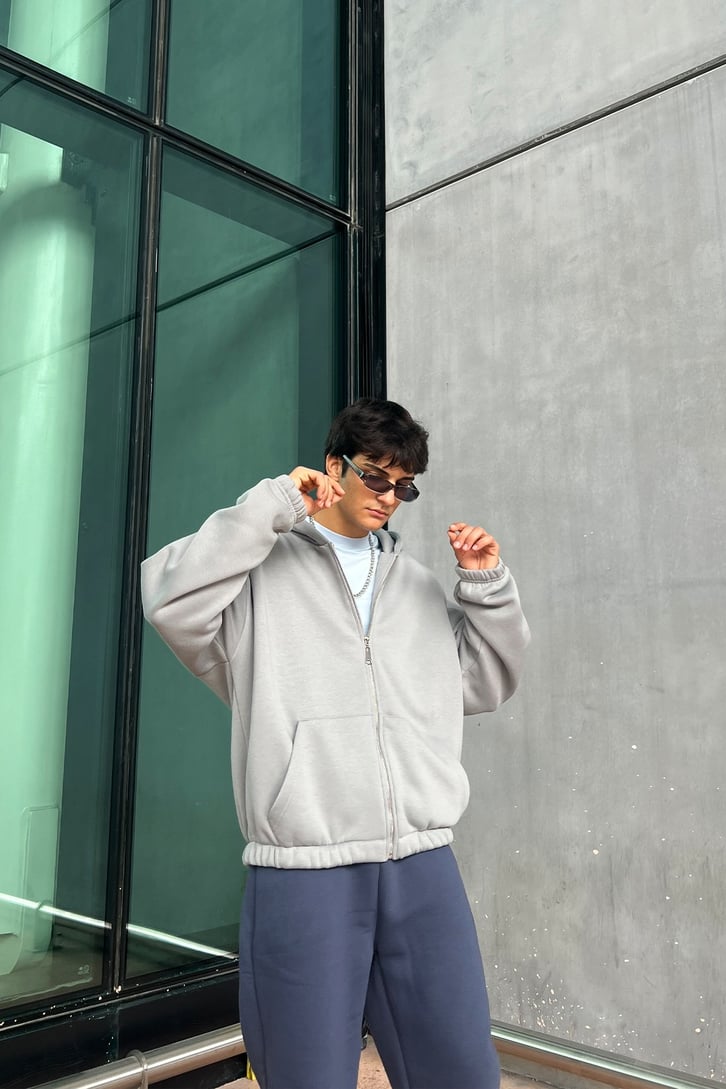 Bel Lastikli Fermuarlı Gri Oversize Sweatshirt