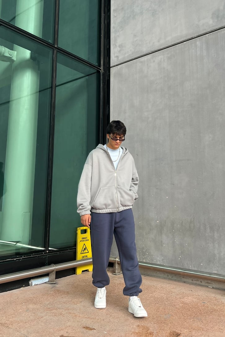 Bel Lastikli Fermuarlı Gri Oversize Sweatshirt