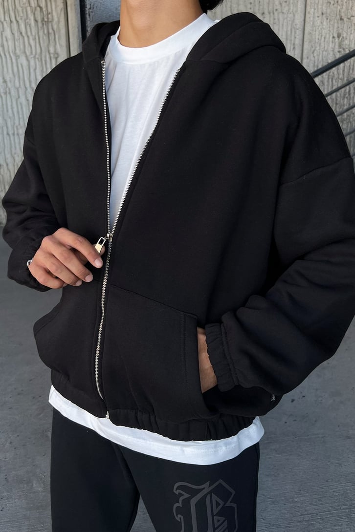 Bel Lastikli Fermuarlı Siyah Oversize Sweatshirt