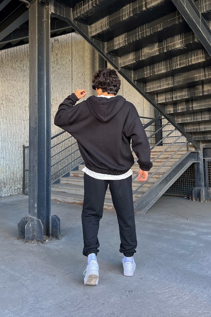 Bel Lastikli Fermuarlı Siyah Oversize Sweatshirt