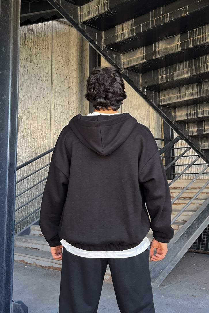 Bel Lastikli Fermuarlı Siyah Oversize Sweatshirt