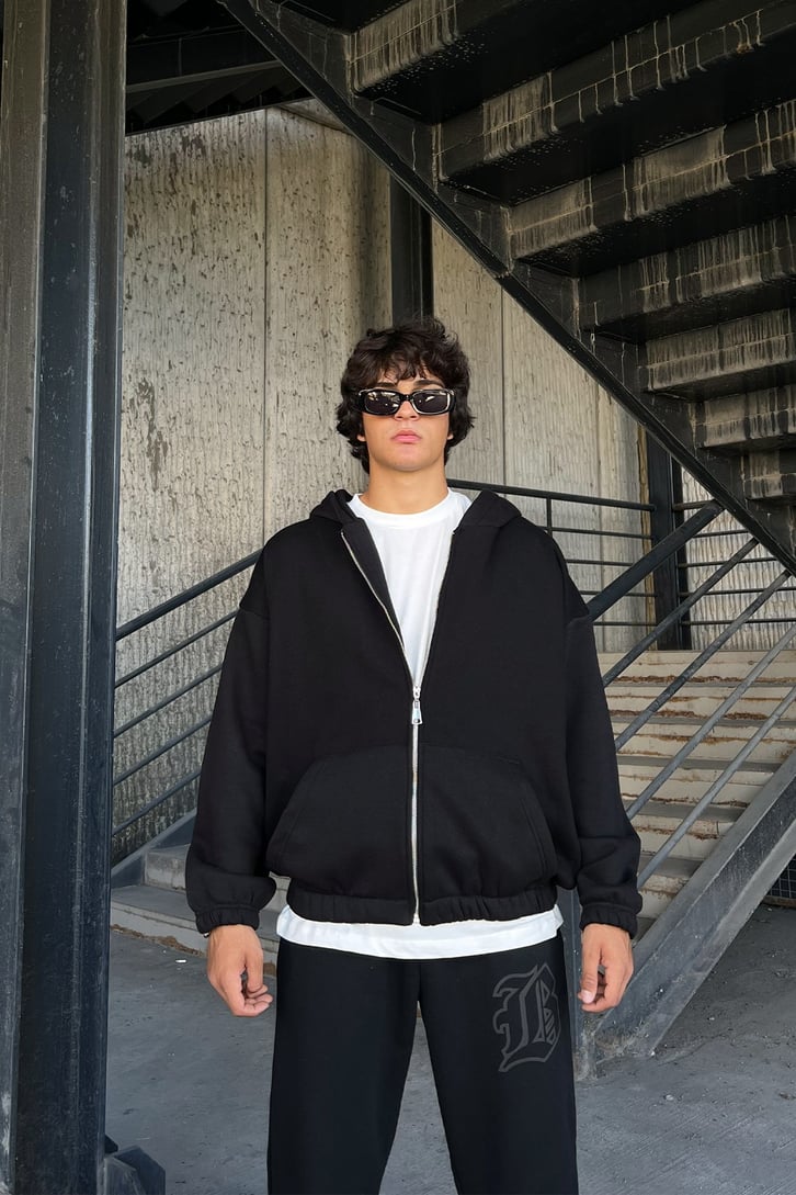 Bel Lastikli Fermuarlı Siyah Oversize Sweatshirt