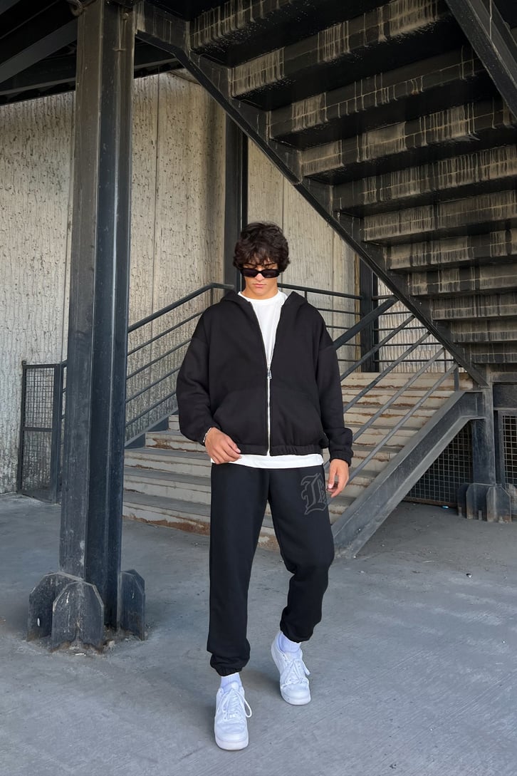 Bel Lastikli Fermuarlı Siyah Oversize Sweatshirt