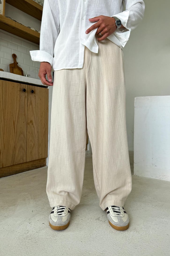 Bel Lastikli Keten Baggy Pantolon