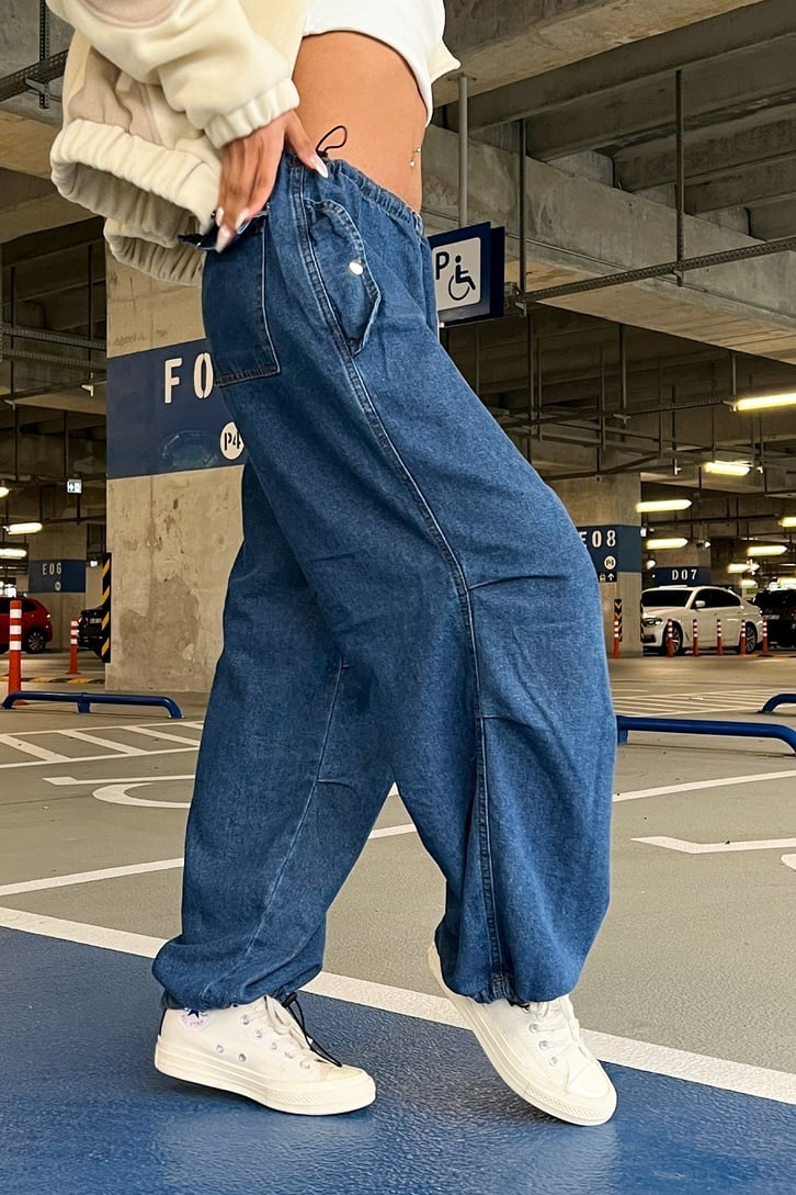 Bel Lastikli Mavi Baggy Jean