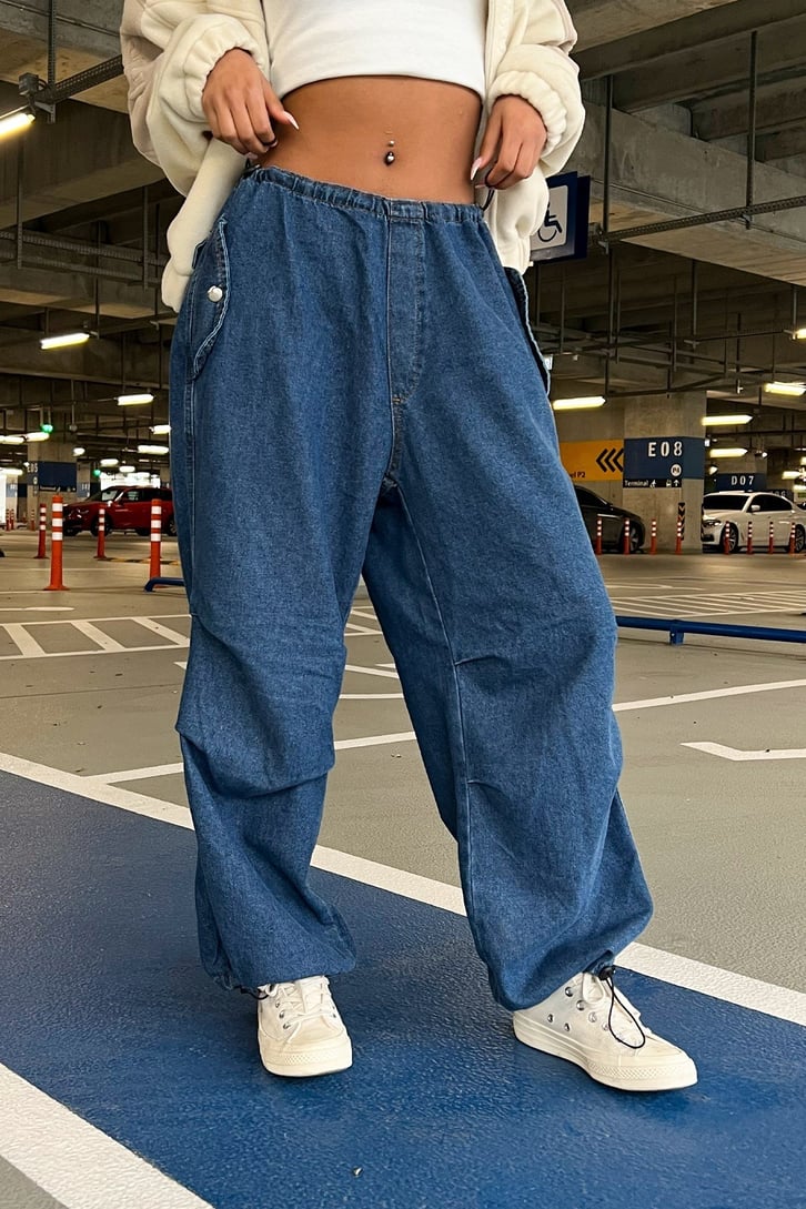 Bel Lastikli Mavi Baggy Jean