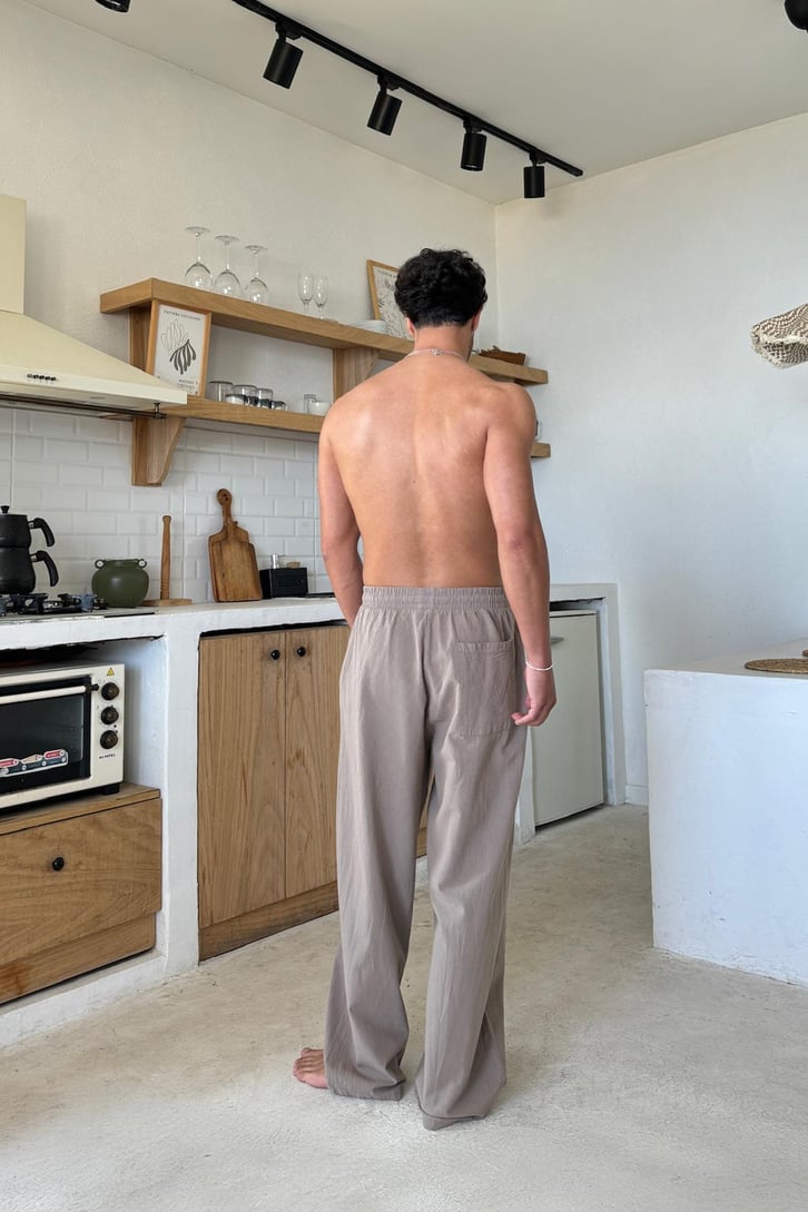 Bel Lastikli Rahat Kesim Kahverengi Keten Pantolon