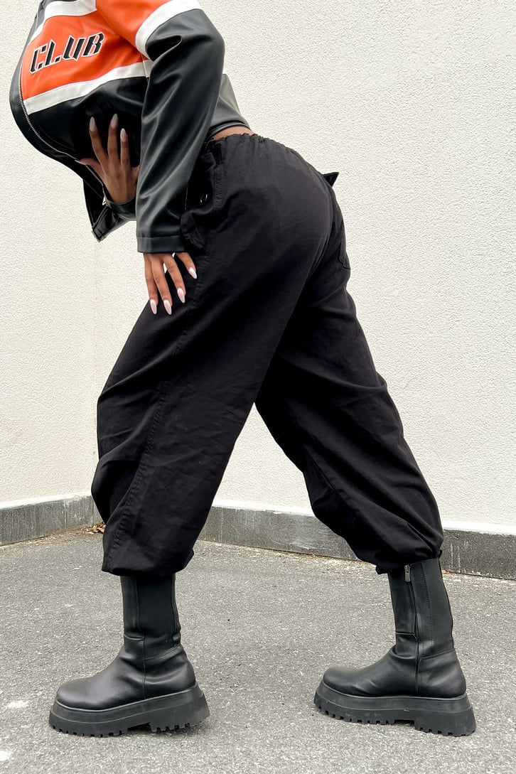 Bel Lastikli Siyah Baggy Keten Pantolon
