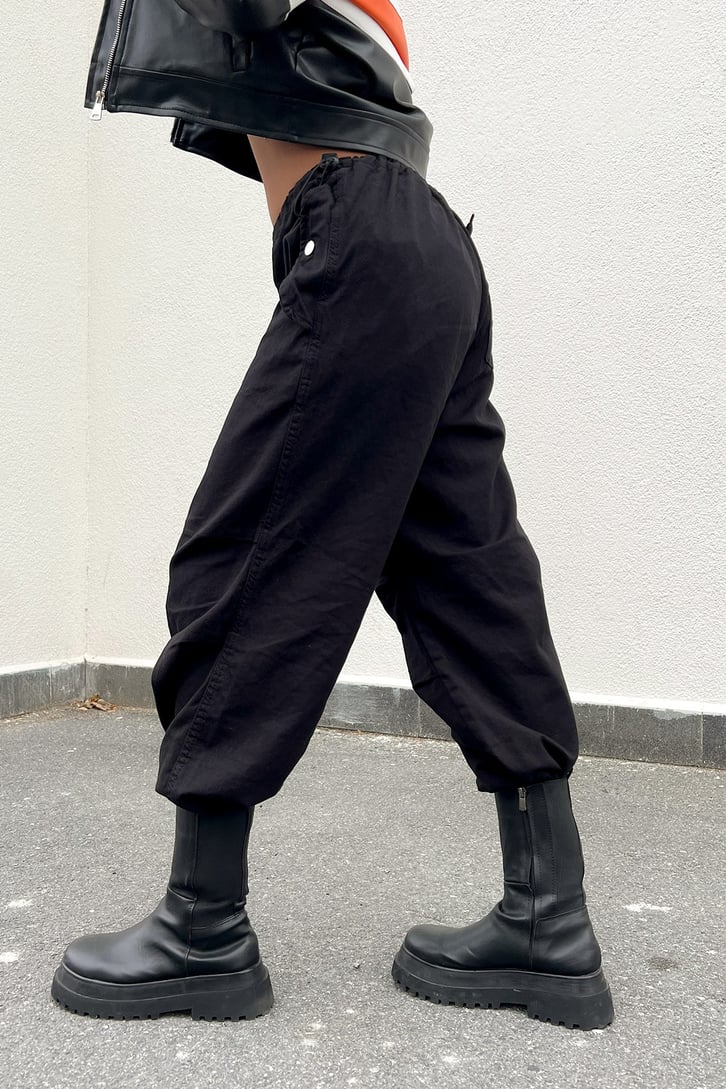 Bel Lastikli Siyah Baggy Keten Pantolon
