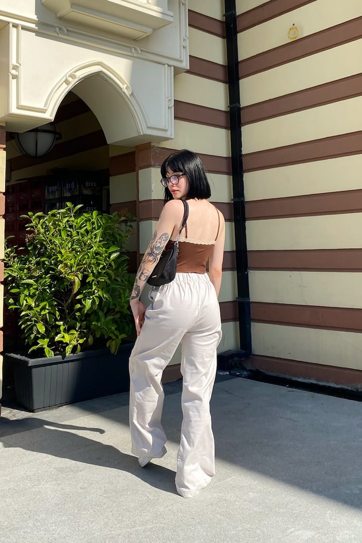 Bel Lastikli Taş Rengi Baggy Pantolon