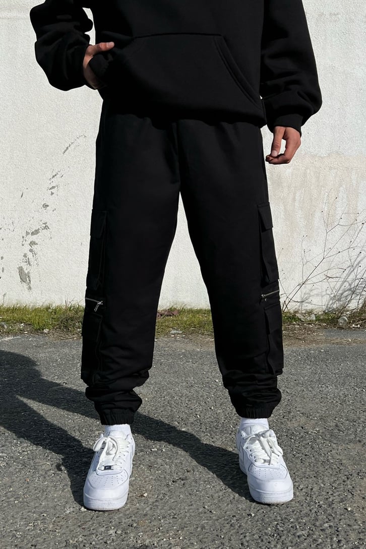 Bel Lastikli Zip Detay Siyah Jogger Pantolon