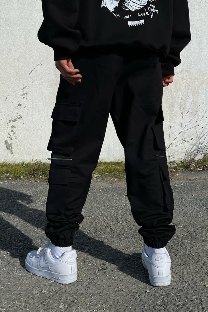 Bel Lastikli Zip Detay Siyah Jogger Pantolon