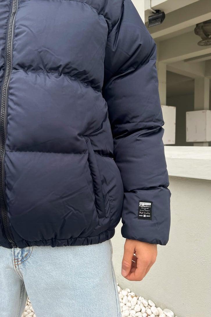 Beli Lastikli Basic Lacivert Şişme Mont