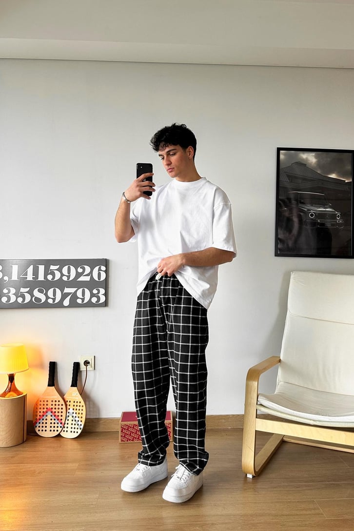 Beli Lastikli Ekose Desenli Kırmızı Pijama