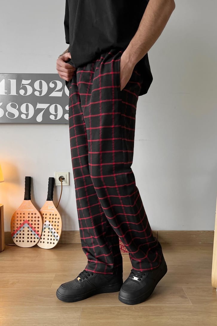 Beli Lastikli Ekose Desenli Kırmızı Pijama