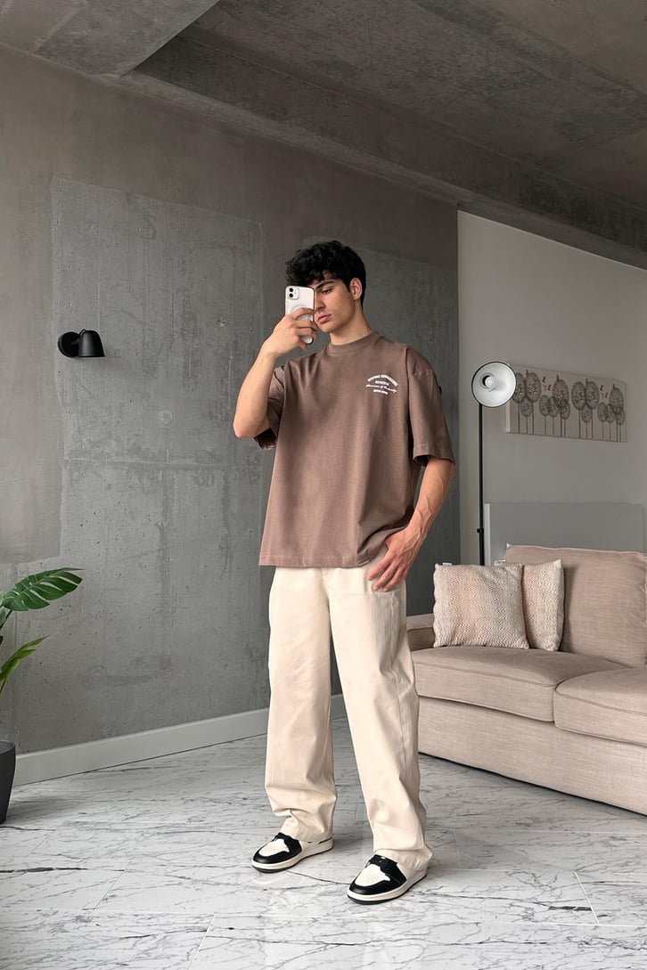 Bespoke Baskılı Kahverengi Oversize Tişört
