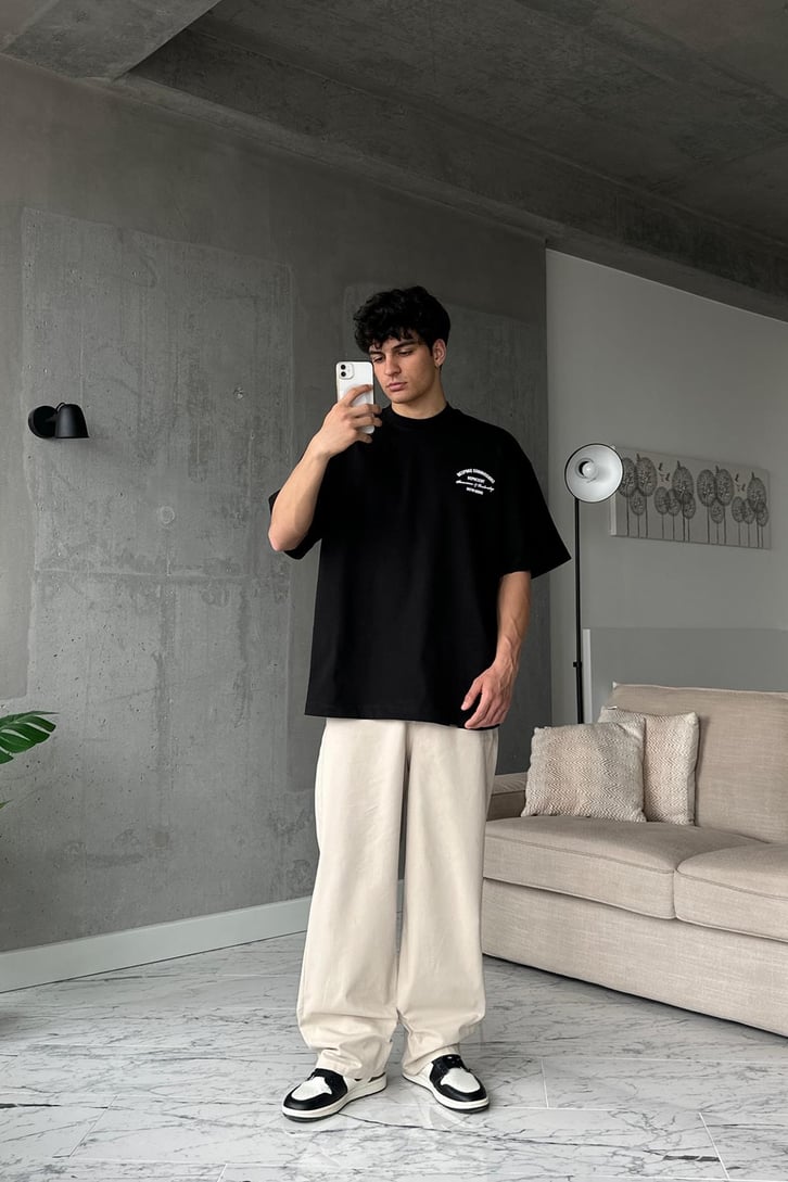 Bespoke Baskılı Siyah Oversize Tişört