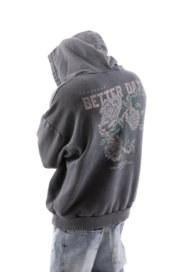 Better Days Baskılı Acid Wash Oversize Hoodie